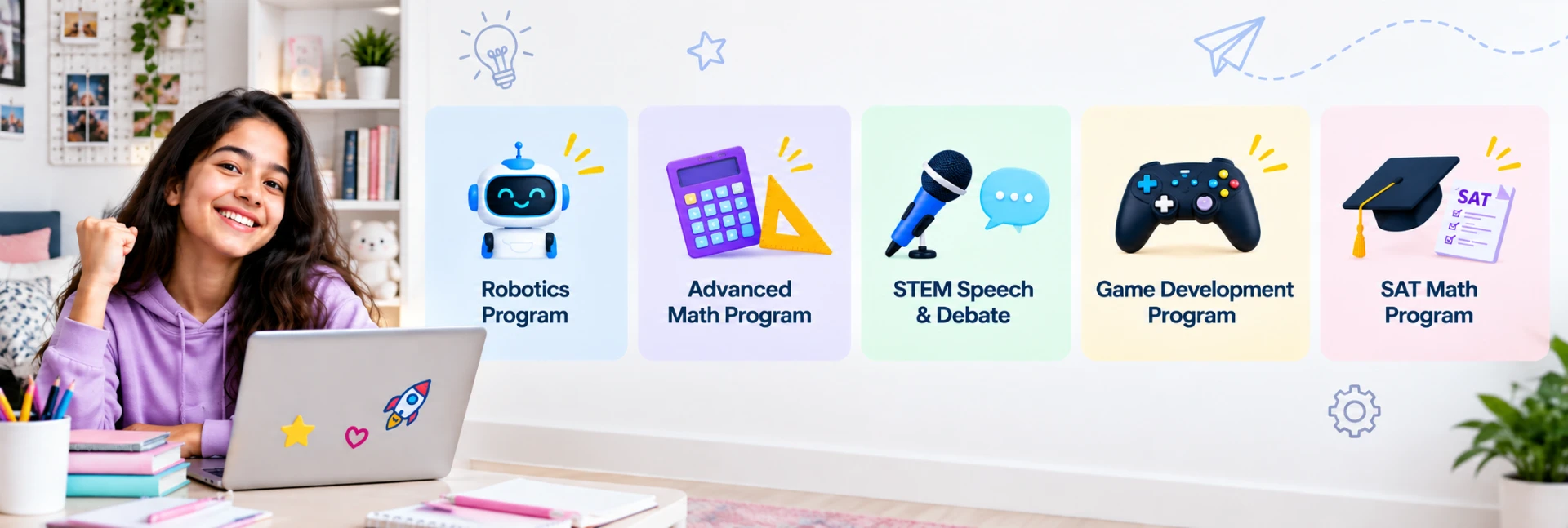 Moonpreneur programs: Robotics, Advanced Math, STEM Speech & Debate, Game Development, and SAT Math