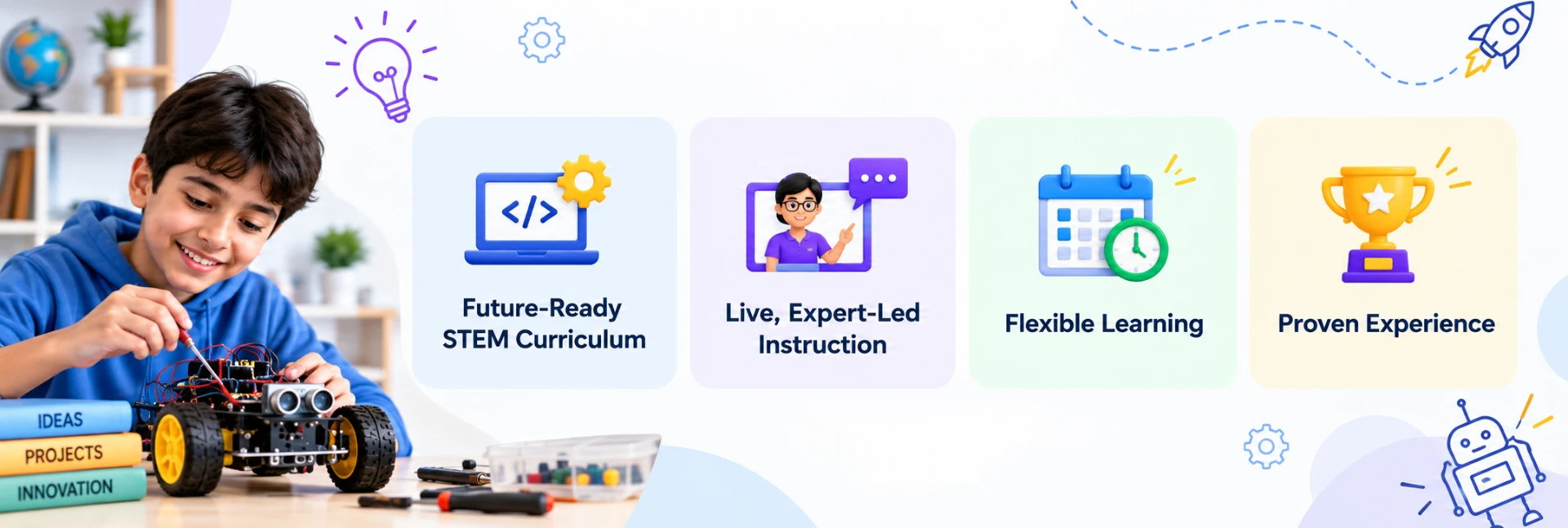 Real skills, instructors, and outcomes: future-ready STEM curriculum, live expert-led instruction, flexible learning, and proven experience