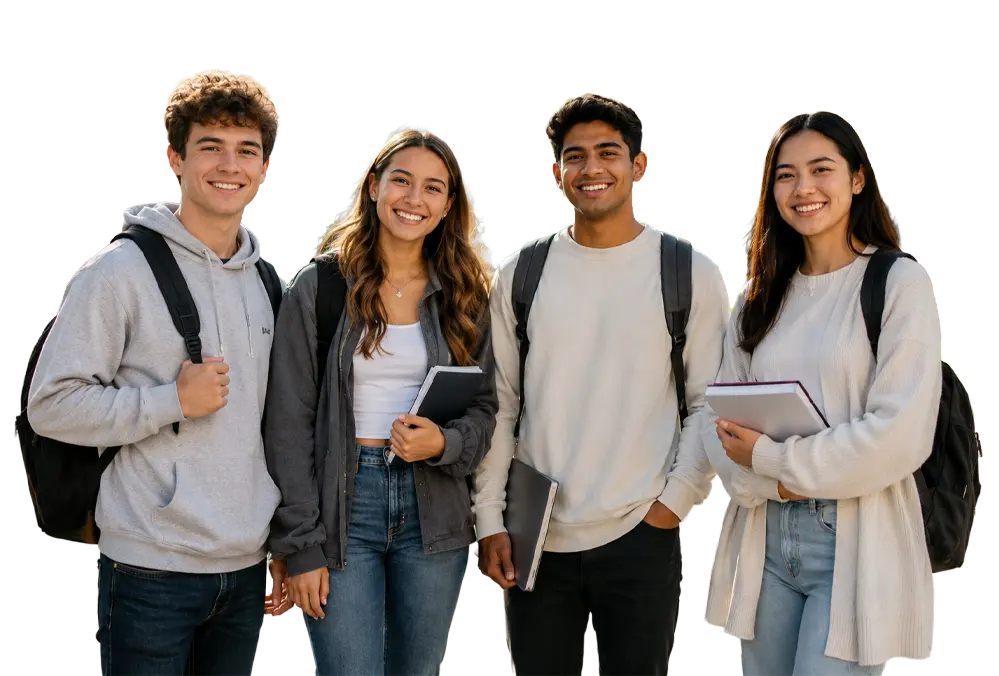 Students with robotics kit, textbooks, microphone, and coding laptop
