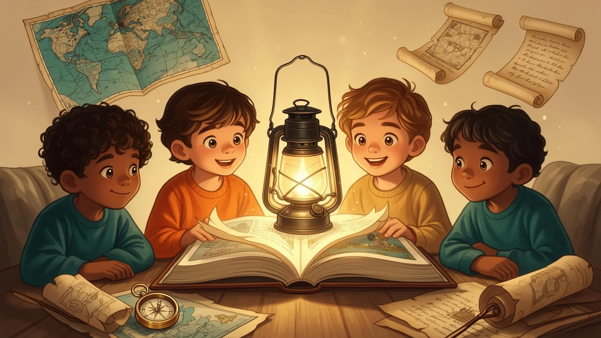 Kids ages 8 to 11 reading an adventure story together by lantern light, with a map and scrolls