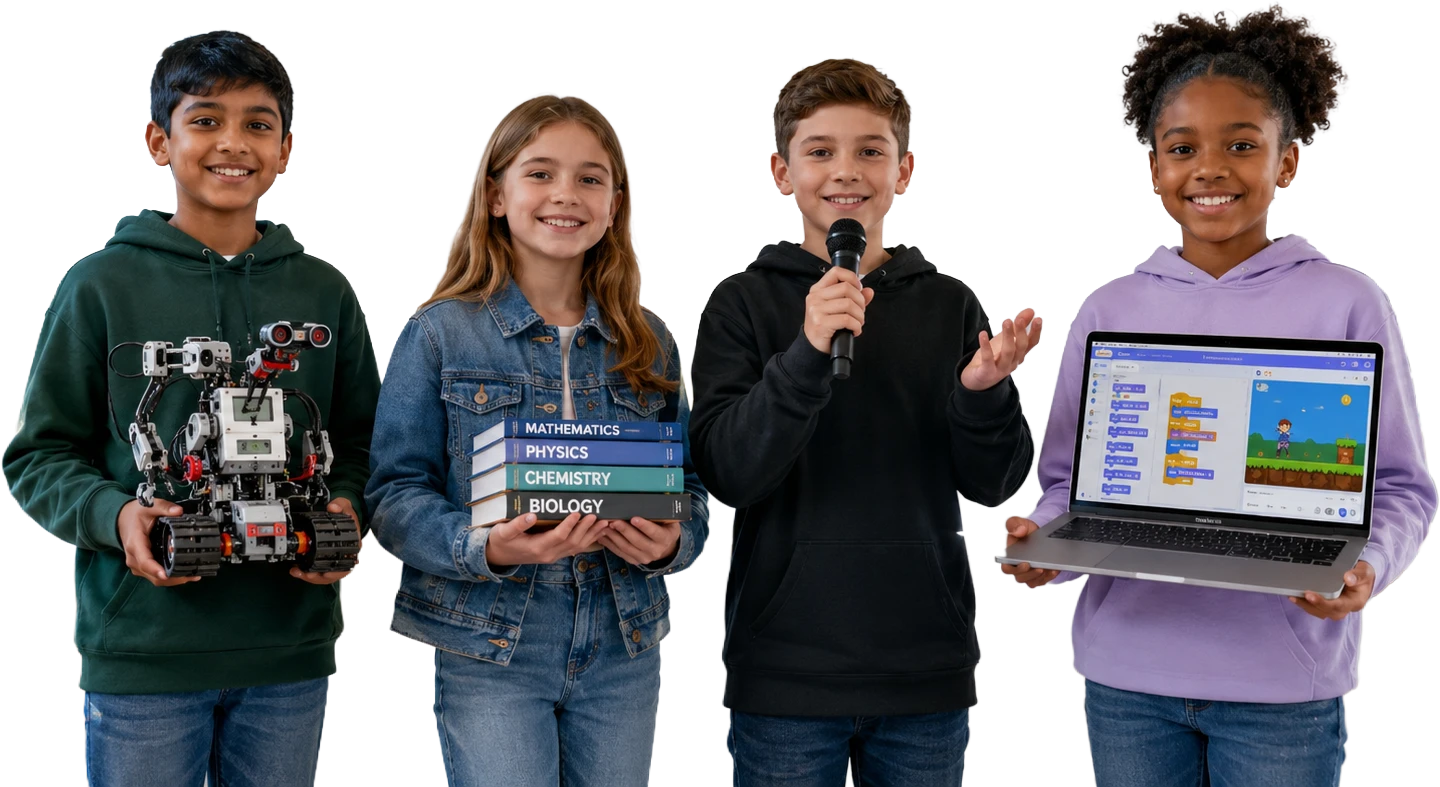 Students with robotics kit, textbooks, microphone, and coding laptop