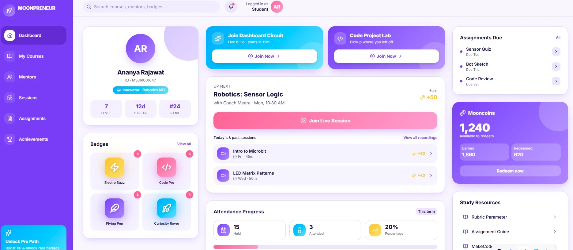 Moonpreneur LMS live class dashboard preview