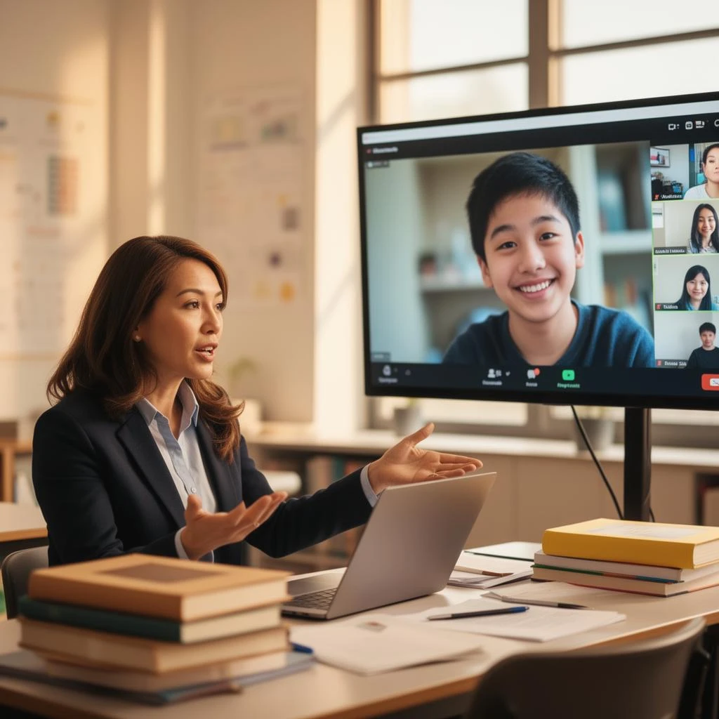 Teacher conducting an online class with a student on screen