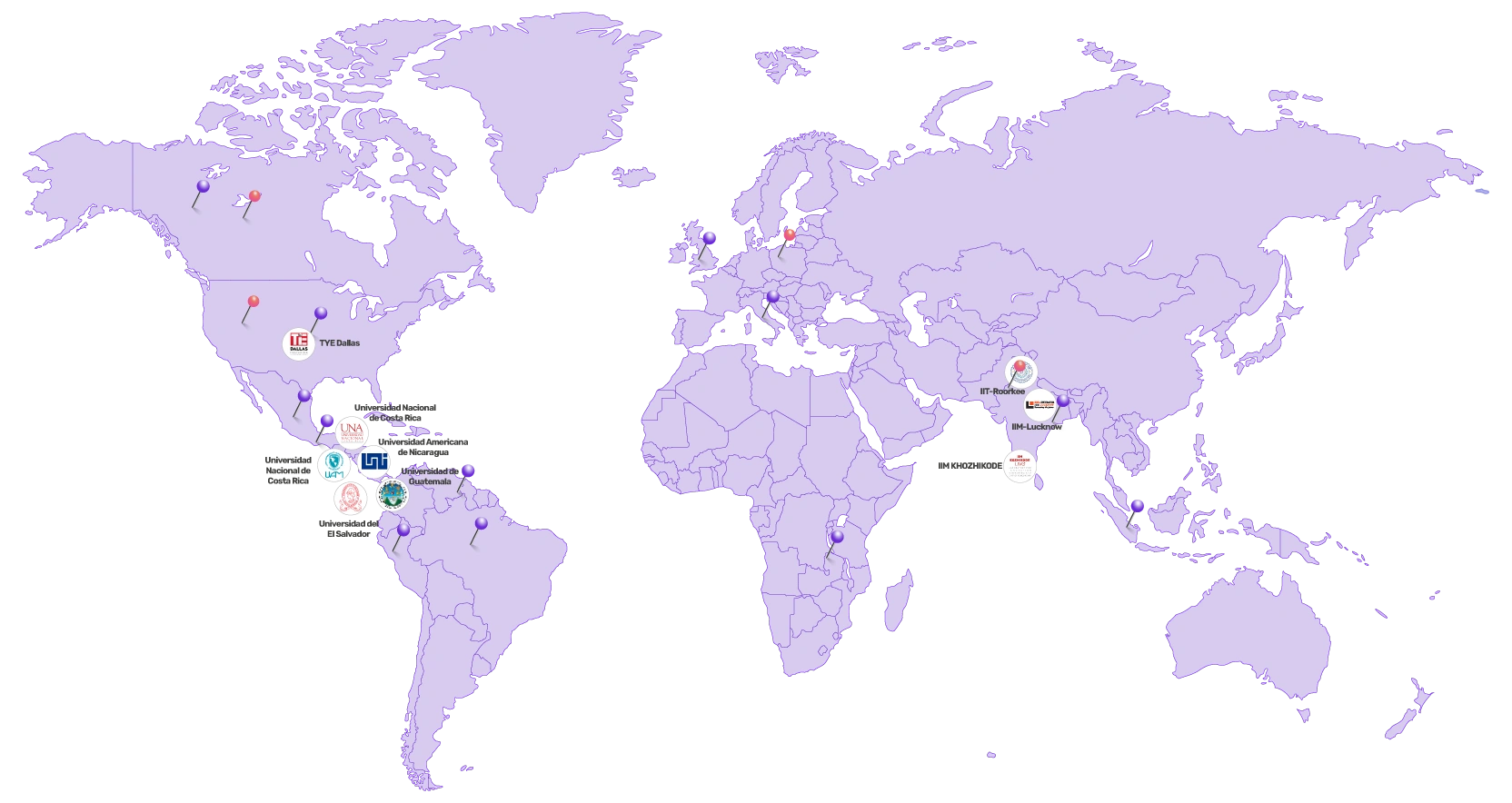 Moonpreneur's global presence map showing partner institutions across North America, Central America, Europe, and Asia