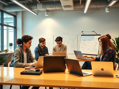 Modern startup incubation center with young entrepreneurs collaborating