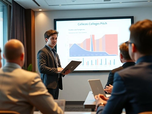 Young entrepreneur presenting business pitch to investors