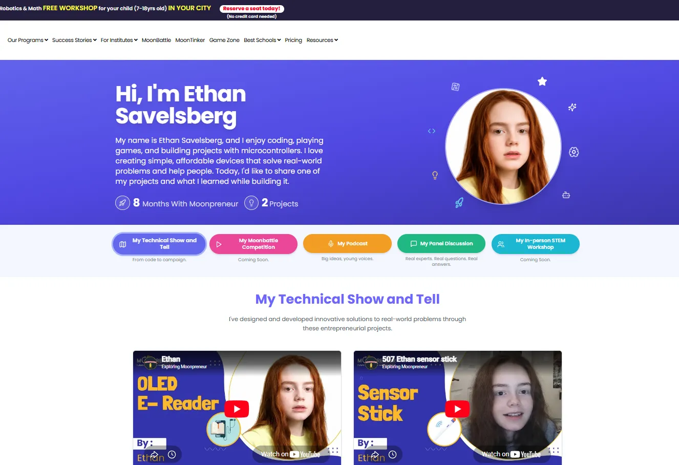 Example of a student's digital portfolio on Moonpreneur