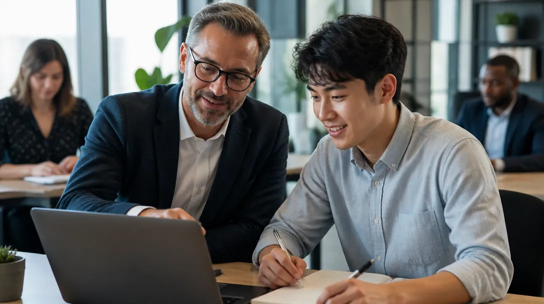 A mentor reviewing a candidate's work on a laptop during an assessment