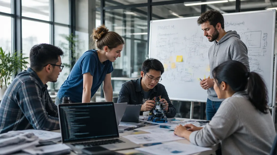 A diverse team collaborating on a hands-on project in a modern workspace