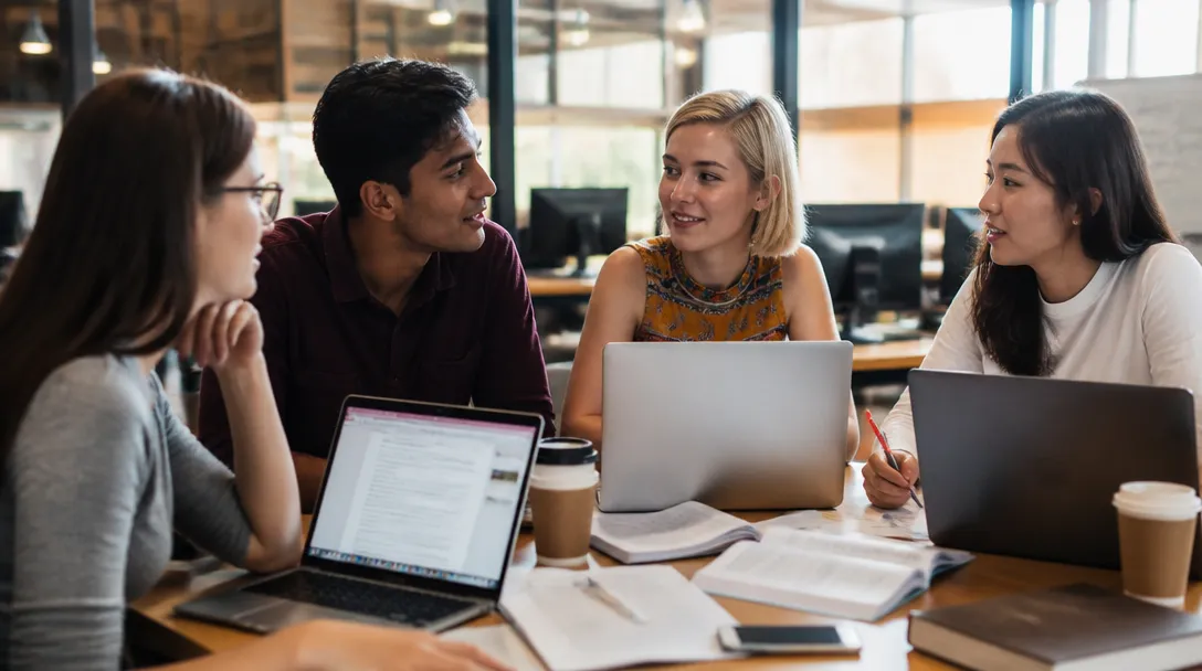 College students working together on laptops and tablets