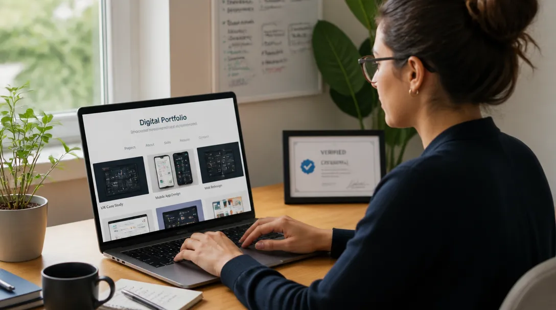 A young professional organizing a digital portfolio on a laptop