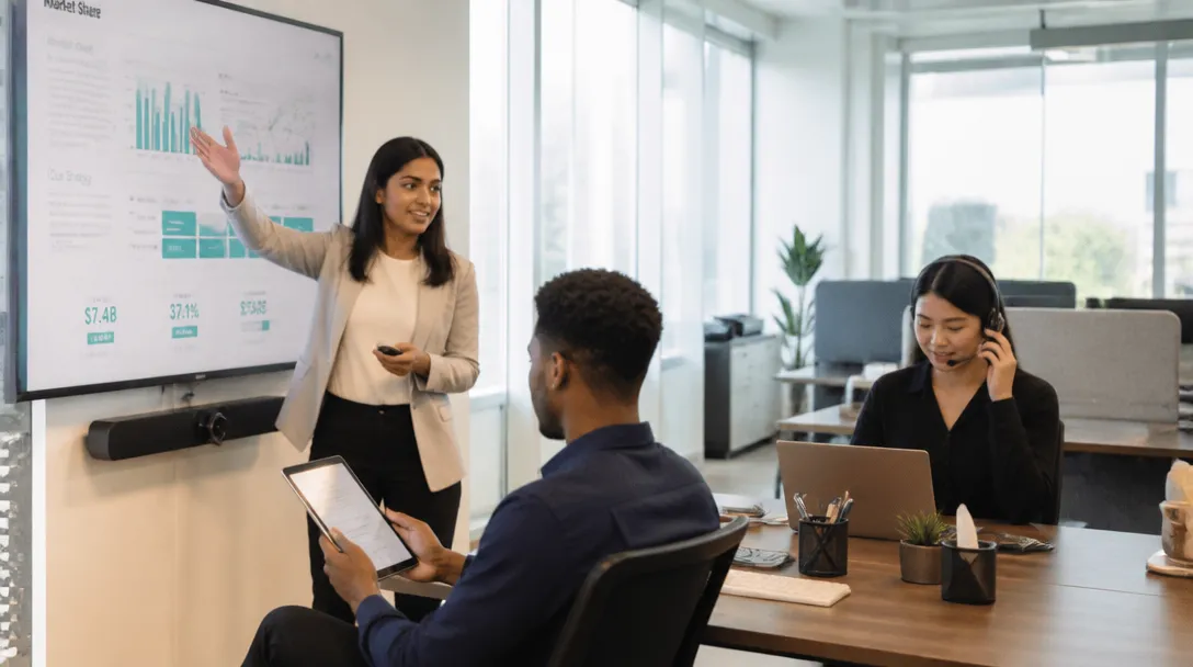 Young professionals presenting work in a modern office