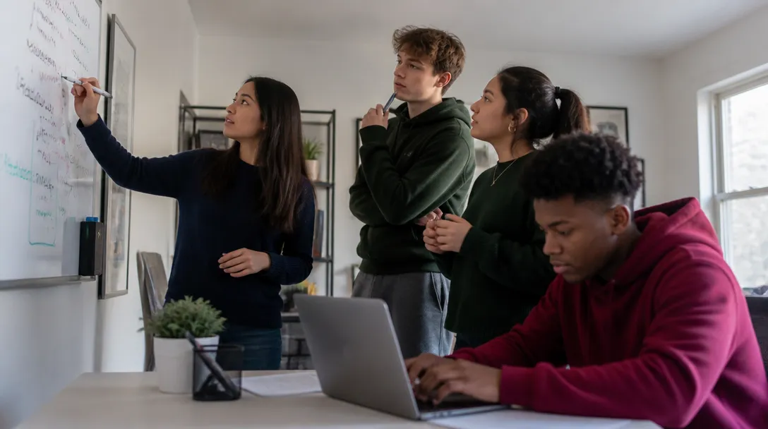 High school students collaborating on a project with a laptop and whiteboard