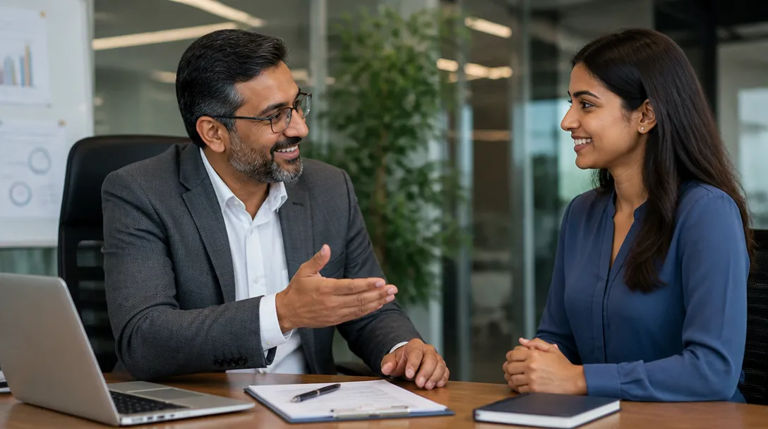 A mentor and candidate having a final professional evaluation conversation