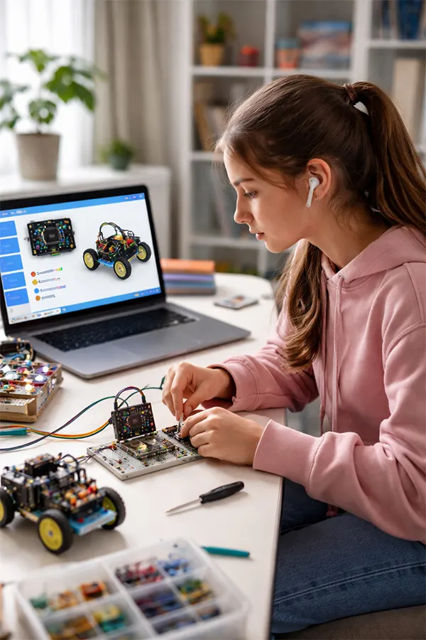 Student working with microcontroller boards and robotics