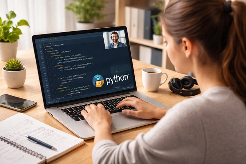 Student learning Python programming