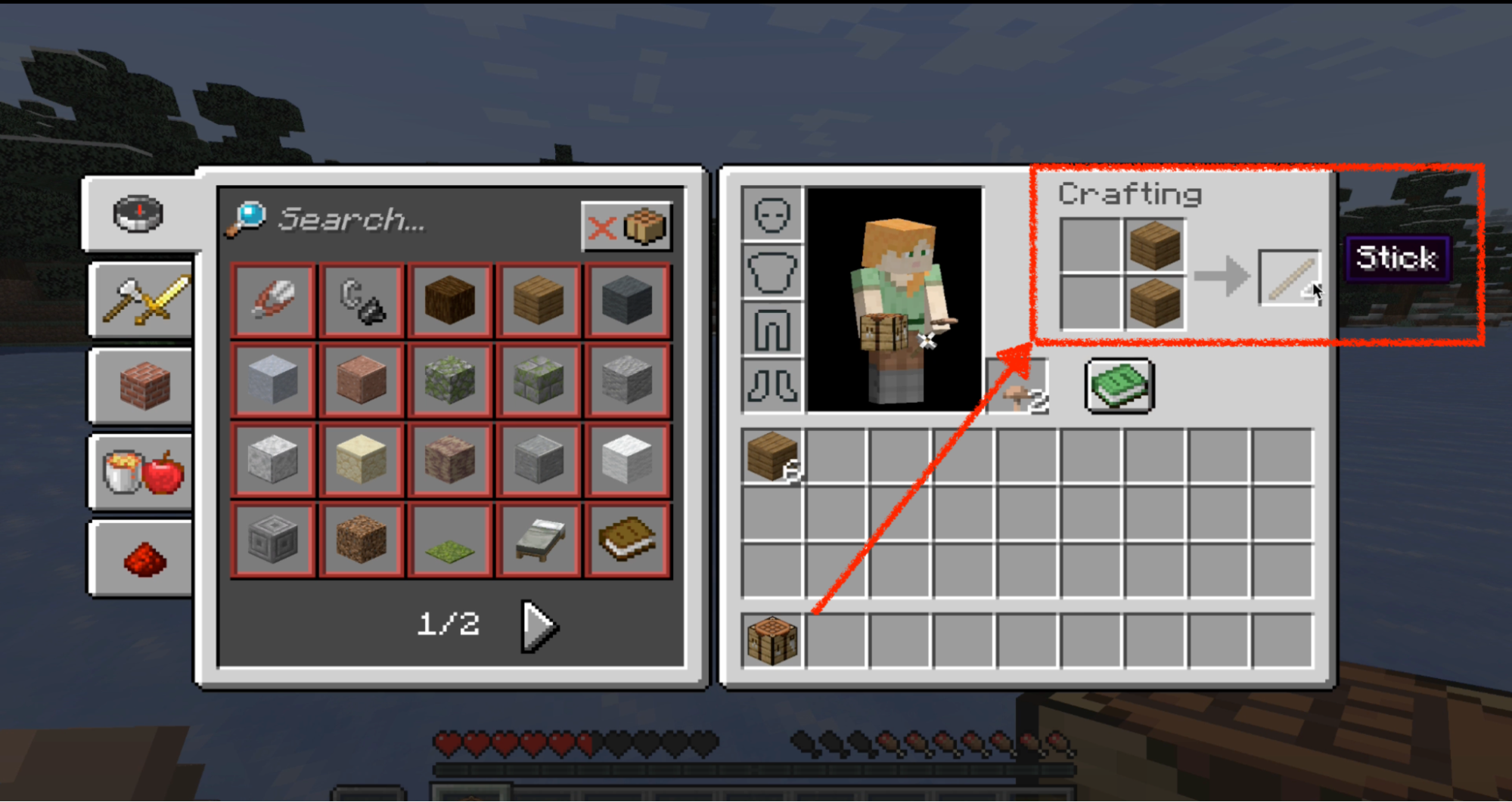Drag the signs from the crafting table into your inventory